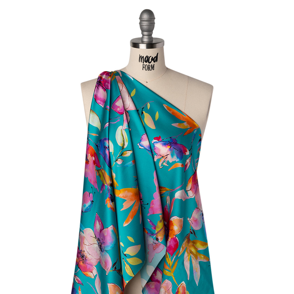 Silk Charmeuse Print 16MM, Made in Italy - Turquoise, Pink and Multicolor Illustrated Watercolor Flowers - Folded