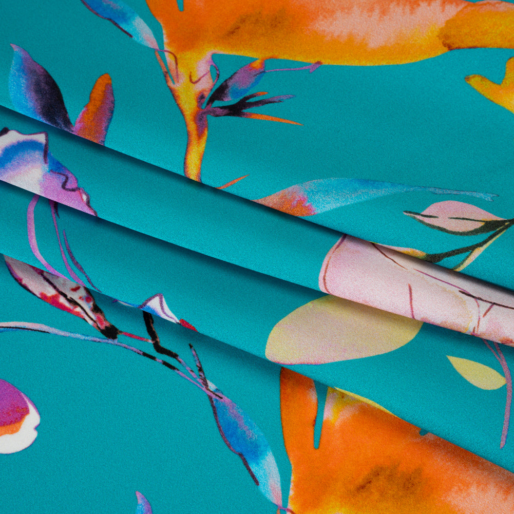 Silk Charmeuse Print 16MM, Made in Italy - Turquoise, Pink and Multicolor Illustrated Watercolor Flowers - Detail