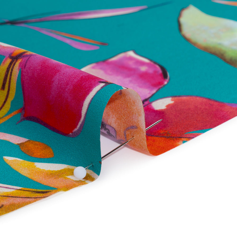 Silk Charmeuse Print 16MM, Made in Italy - Turquoise, Pink and Multicolor Illustrated Watercolor Flowers - Full - Image 4 of 6