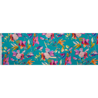 Silk Charmeuse Print 16MM, Made in Italy - Turquoise, Pink and Multicolor Illustrated Watercolor Flowers