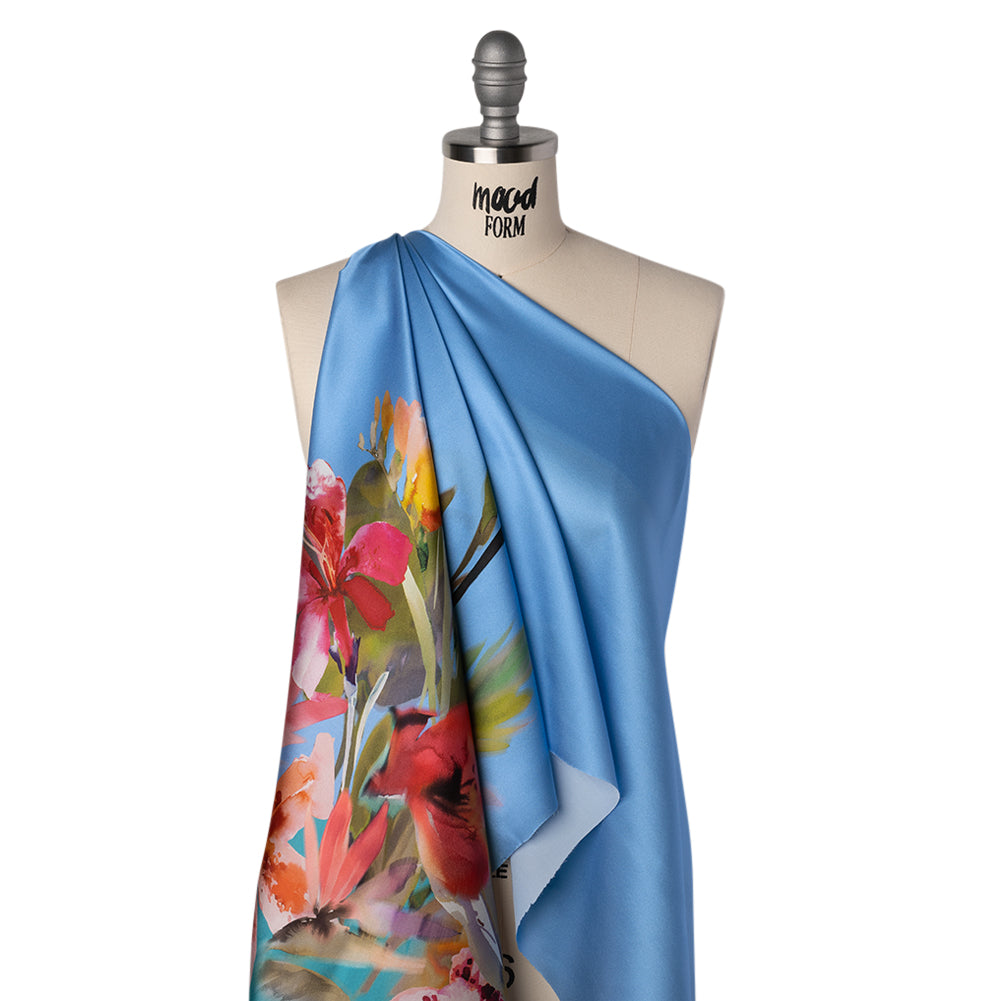 Silk Charmeuse Print 16MM, Made in Italy - Blue, Teal and Multicolor Watercolor Floral Border - Folded