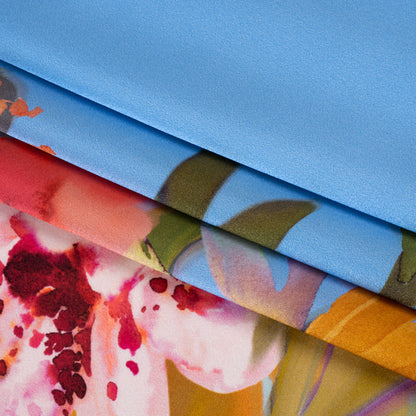 Silk Charmeuse Print 16MM, Made in Italy - Blue, Teal and Multicolor Watercolor Floral Border