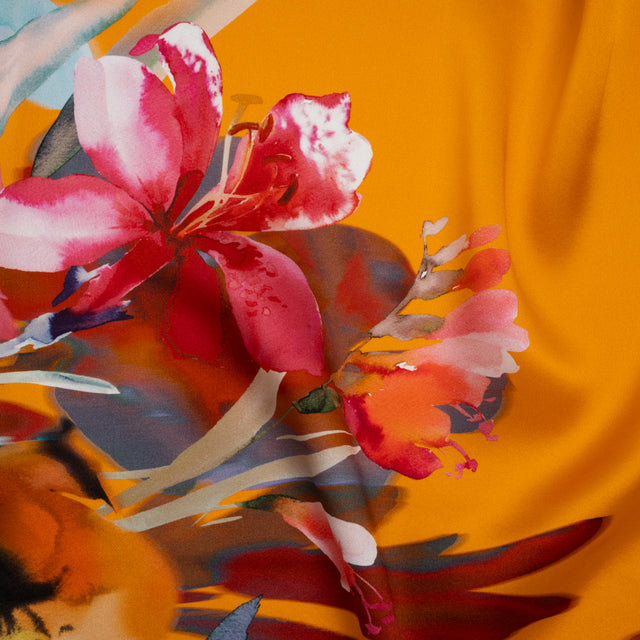Silk Charmeuse Print 16MM, Made in Italy - Orange, Goldenrod and Multicolor Watercolor Floral Border