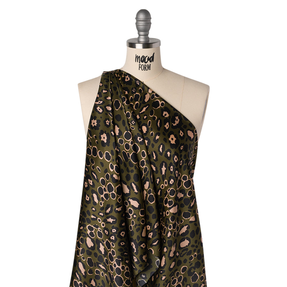 Silk Charmeuse Print 16MM, Made in Italy - Dark Olive Green, Beige and Black Animal Spots Folded