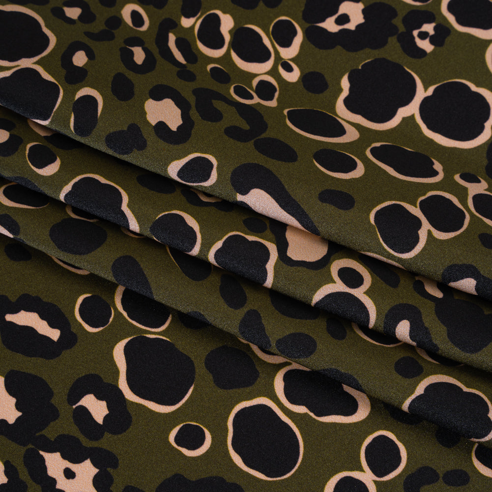 Silk Charmeuse Print 16MM, Made in Italy - Dark Olive Green, Beige and Black Animal Spots Detail