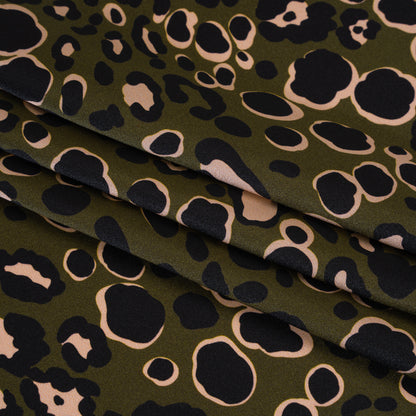 Silk Charmeuse Print 16MM, Made in Italy - Dark Olive Green, Beige and Black Animal Spots Detail