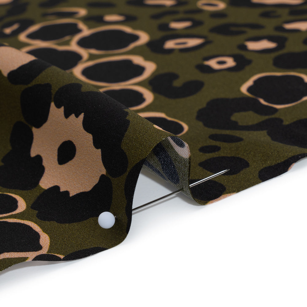 Silk Charmeuse Print 16MM, Made in Italy - Dark Olive Green, Beige and Black Animal Spots Full