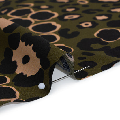 Silk Charmeuse Print 16MM, Made in Italy - Dark Olive Green, Beige and Black Animal Spots Full