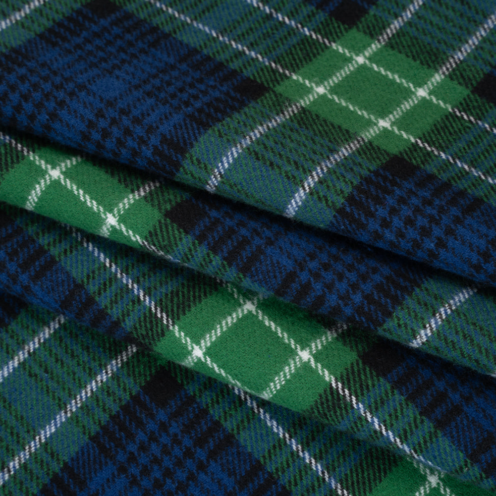 Yarn-Dyed Cotton Twill Flannel - Blue, Green and Black Plaid - Deadstock Folded