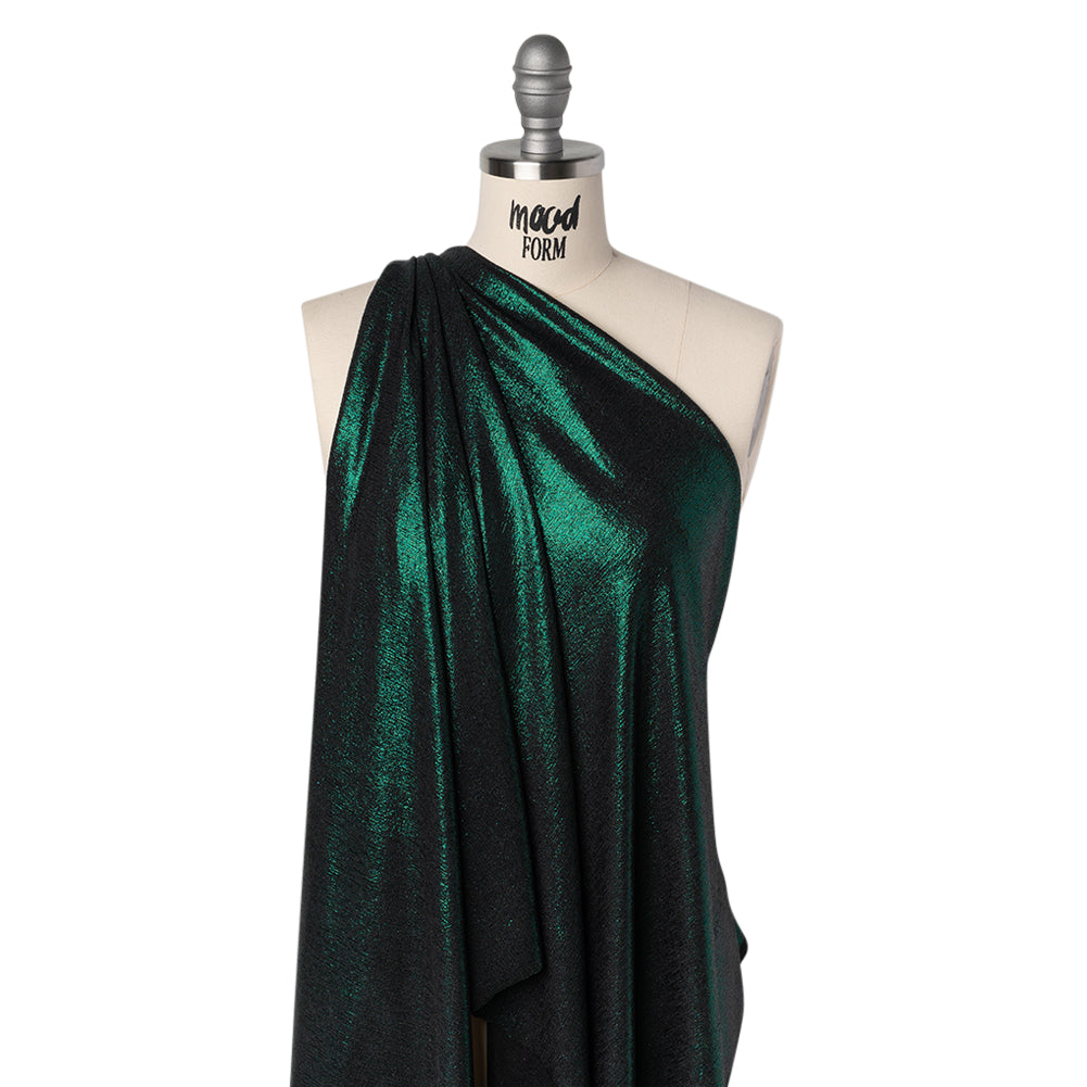 Metallic Foiled Uneven Stretch Rib Knit - Teal on Black - Estelle Collection - Drape