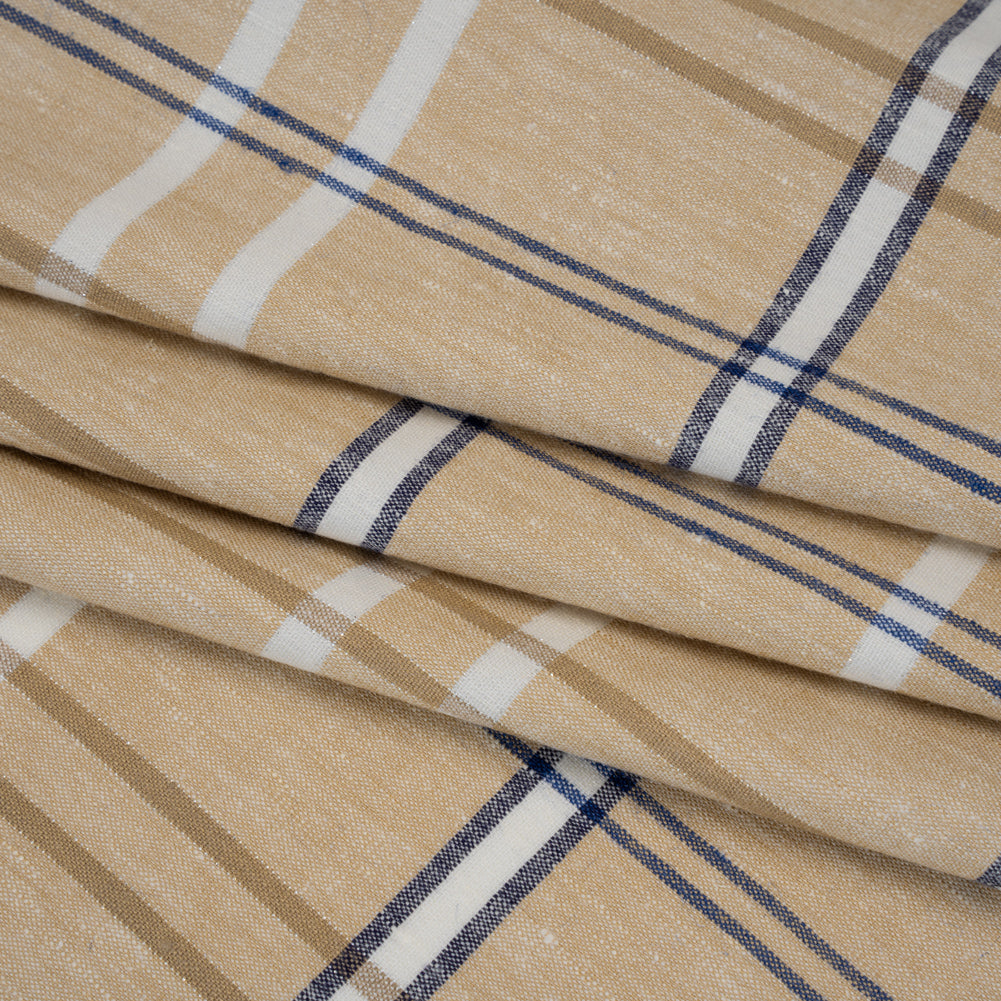 Stretch Linen Woven - Beige, Navy and White Plaid with Metallic Silver Accents - Folded