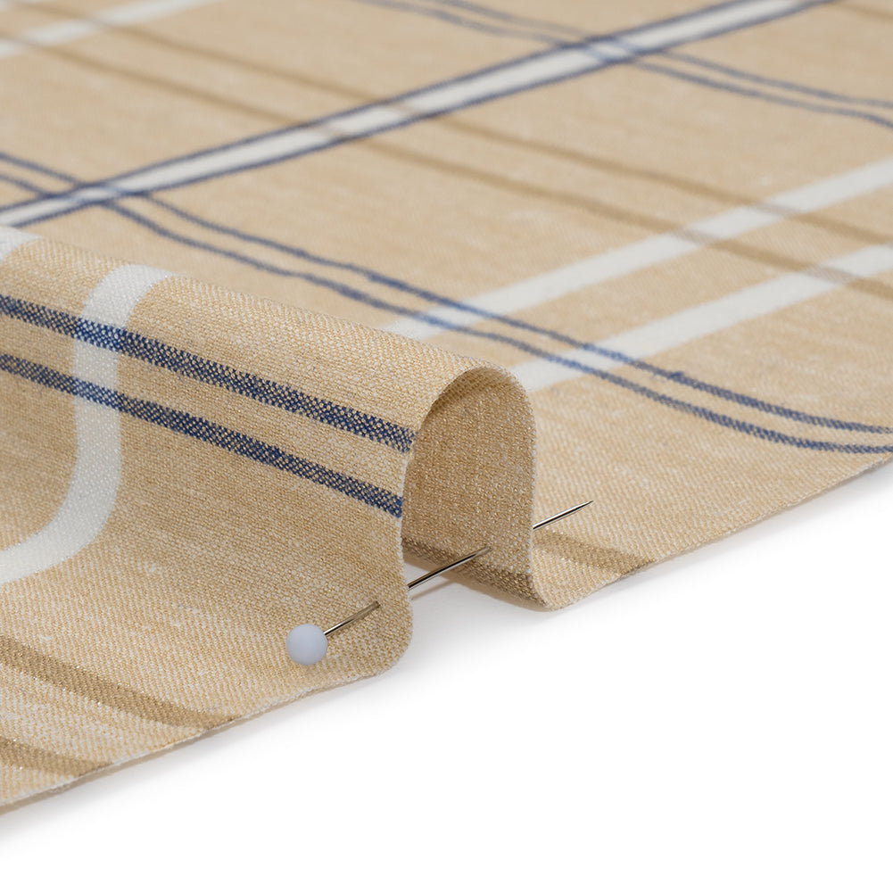 Stretch Linen Woven - Beige, Navy and White Plaid with Metallic Silver Accents - Detail