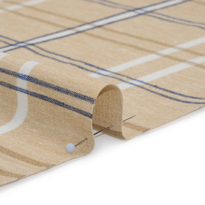 Stretch Linen Woven - Beige, Navy and White Plaid with Metallic Silver Accents