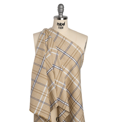 Stretch Linen Woven - Beige, Navy and White Plaid with Metallic Silver Accents