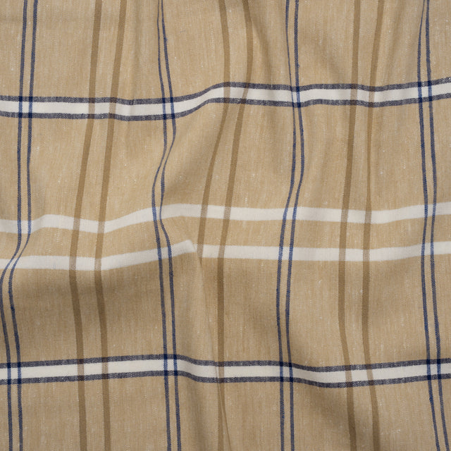 Stretch Linen Woven - Beige, Navy and White Plaid with Metallic Silver Accents