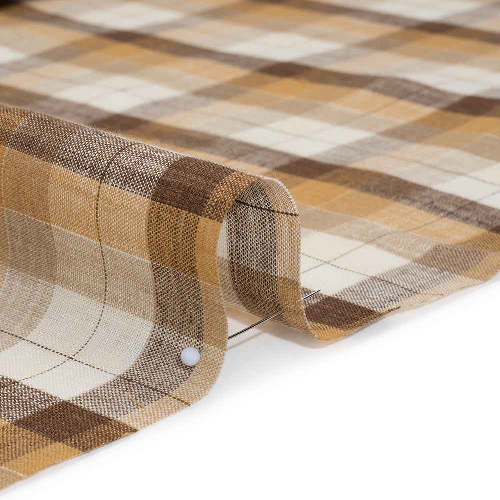 Medium Weight Linen Woven - Beige, Brown and Cream Plaid - Detail
