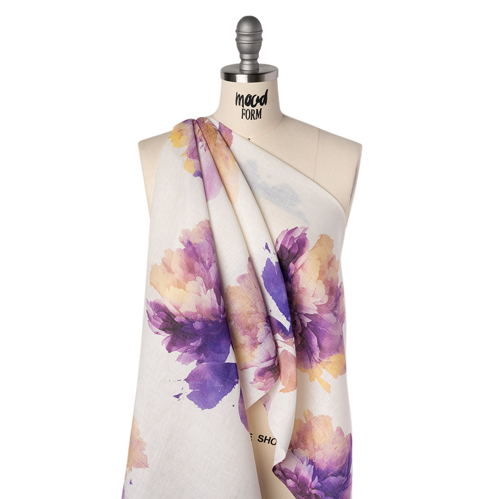 Medium Weight Linen Woven Print - Lilac Purple and Golden Yellow on White Wild Roses - Folded