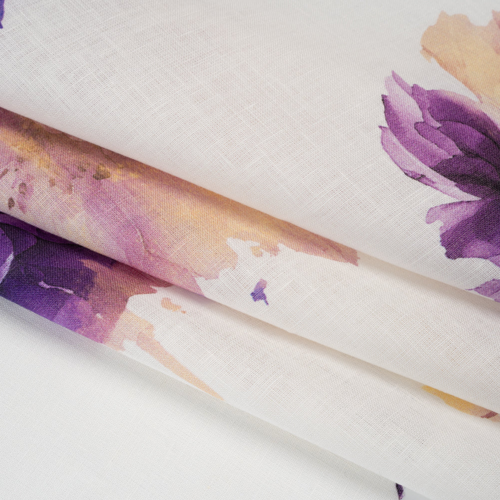 Medium Weight Linen Woven Print - Lilac Purple and Golden Yellow on White Wild Roses - Detail