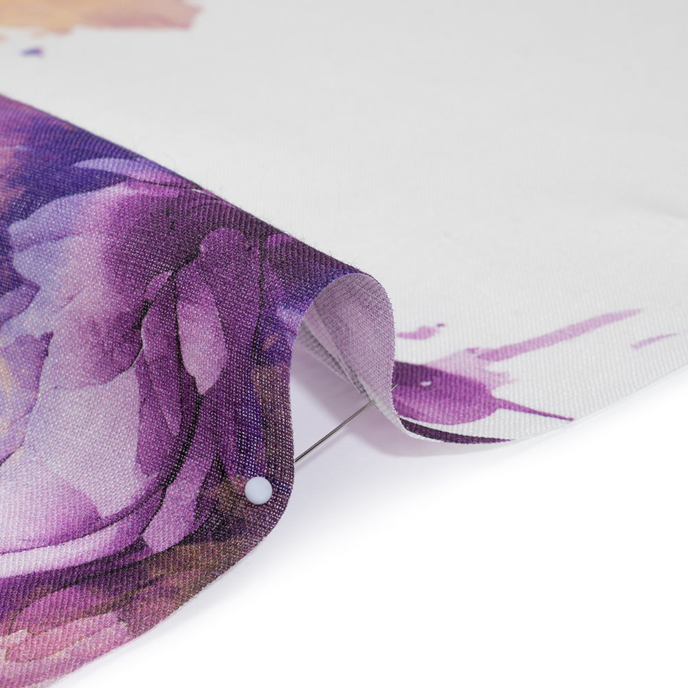 Medium Weight Linen Woven Print - Lilac Purple and Golden Yellow on White Wild Roses - Full