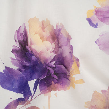 Medium Weight Linen Woven Print - Lilac Purple and Golden Yellow on White Wild Roses