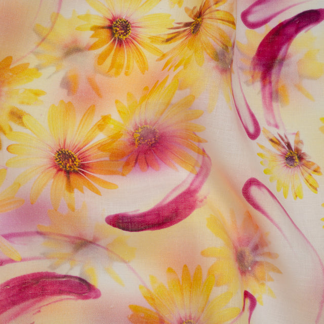Medium Weight Linen Woven Print - Fuchsia Pink and Bright Yellow Sunflower Garden