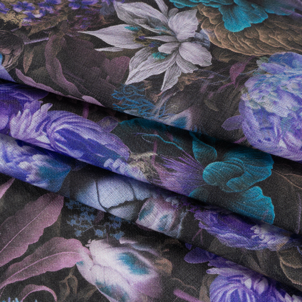 Medium Weight Linen Woven Print - Lilac, Dark Teal and Taupe Mythical Garden - Detail