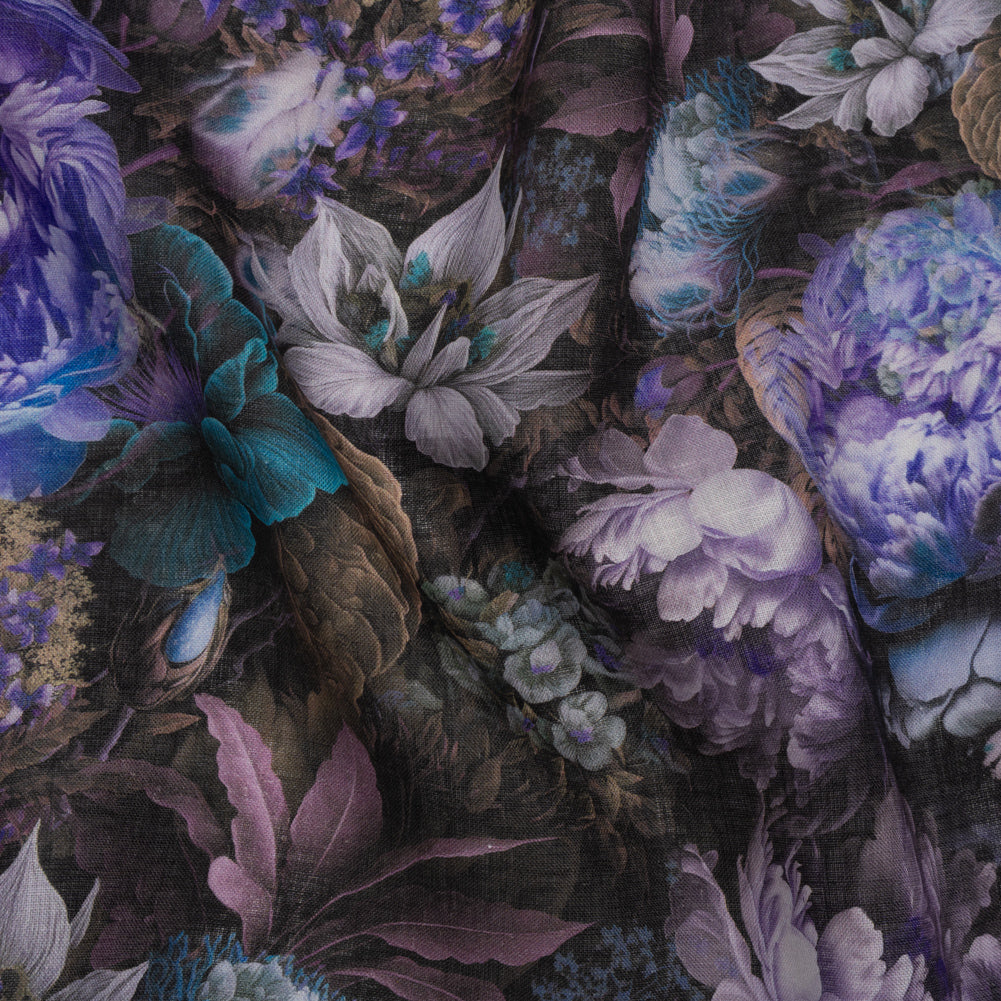 Medium Weight Linen Woven Print - Lilac, Dark Teal and Taupe Mythical Garden - Drape