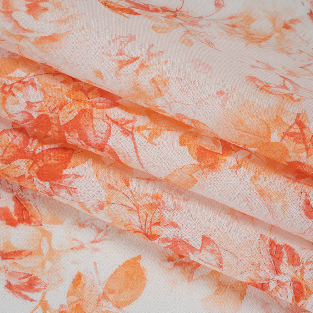 Medium Weight Linen Woven Print - Orange and Red on White Airy Leaves Detail