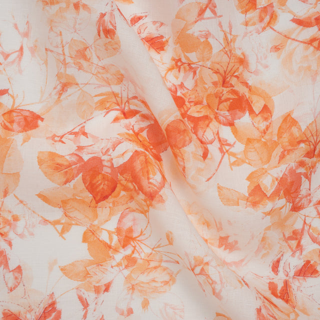Medium Weight Linen Woven Print - Orange and Red on White Airy Leaves Drape