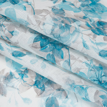 Medium Weight Linen Woven Print - Aqua and Gray on White Airy Leaves