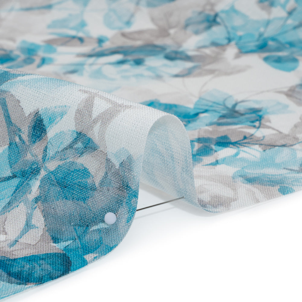 Medium Weight Linen Woven Print - Aqua and Gray on White Airy Leaves - Full