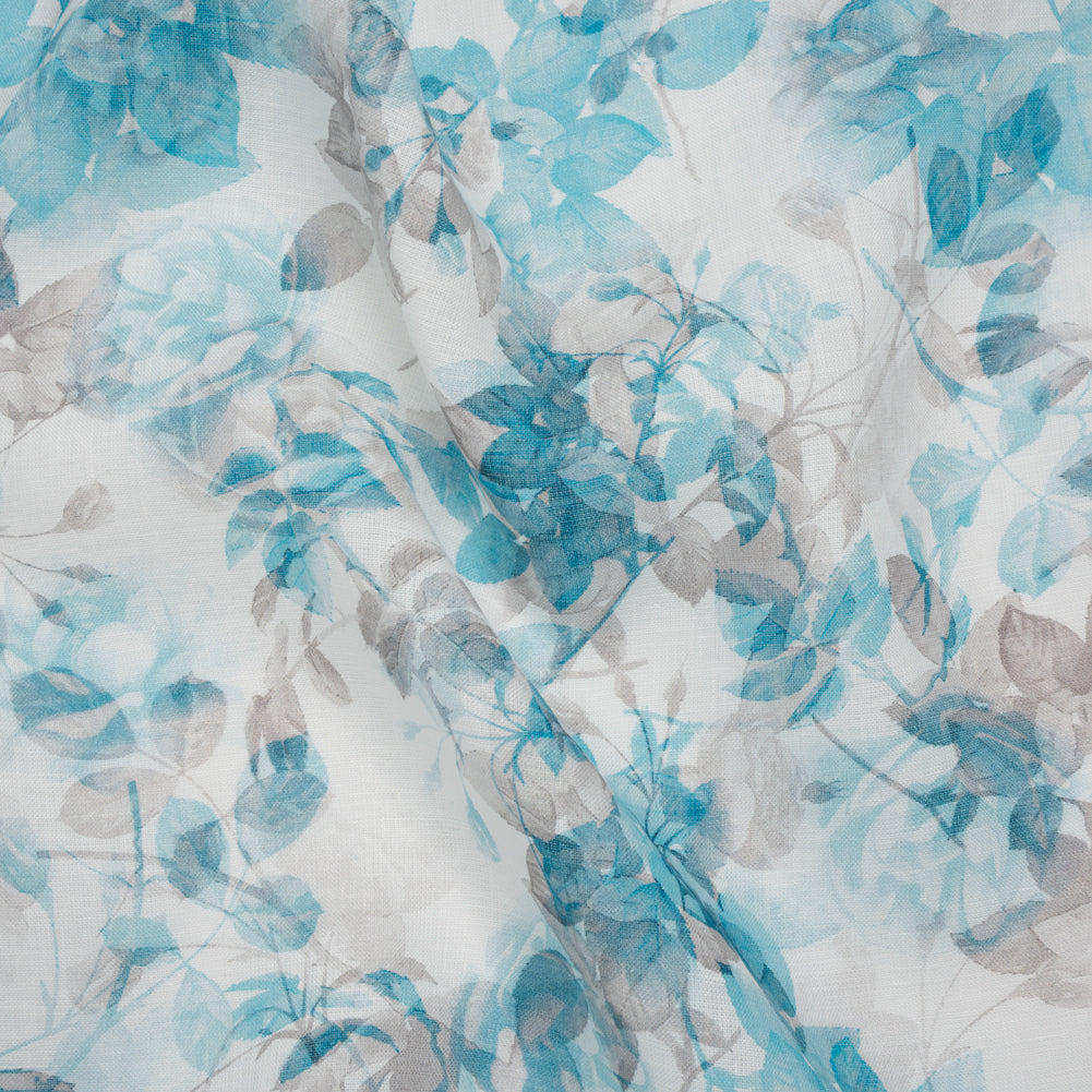 Medium Weight Linen Woven Print - Aqua and Gray on White Airy Leaves - Drape