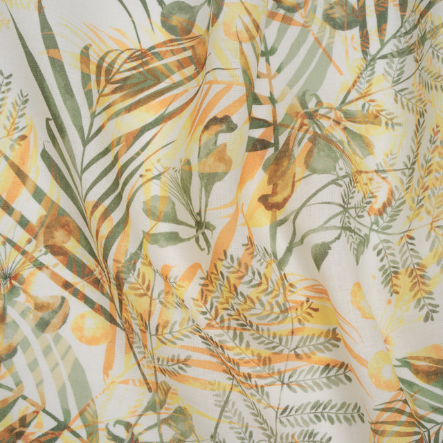 Medium Weight Linen Woven Print - Sage Green, Orange and White Elegant Palm Silhouettes