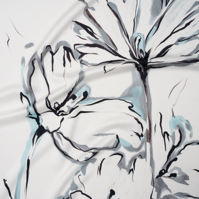 Polyester Satin - White, Gray and Sky Blue Inky Florals - Mood Exclusive Atamasco Ink Print