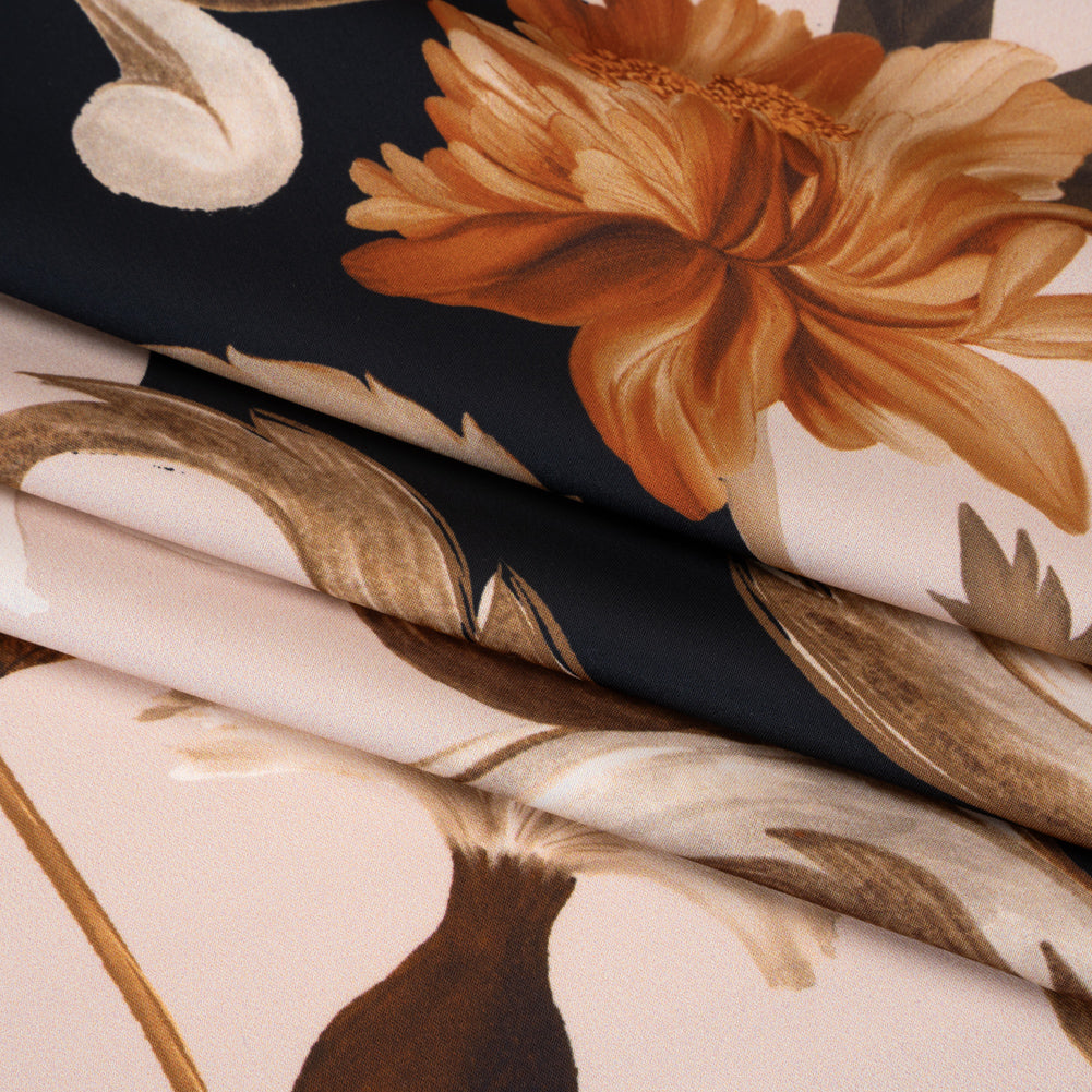 Polyester Satin - Black, Beige and Brown Flower Vine Stripes - Mood Exclusive Fleur de Rocaille Print - Folded