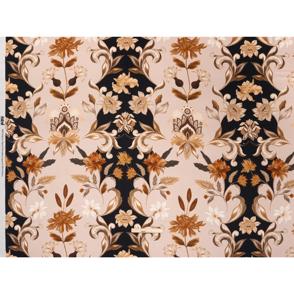 Polyester Satin - Black, Beige and Brown Flower Vine Stripes - Mood Exclusive Fleur de Rocaille Print - Full
