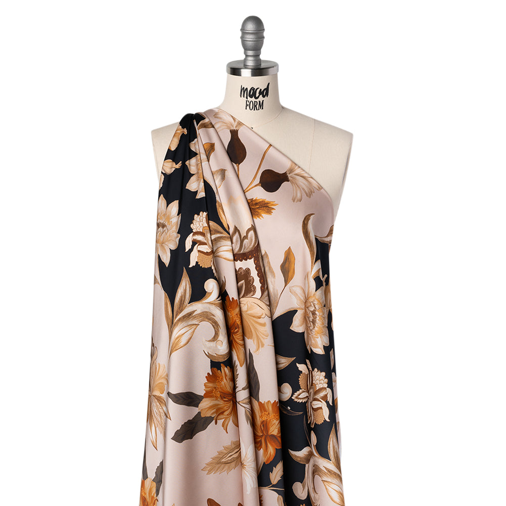 Polyester Satin - Black, Beige and Brown Flower Vine Stripes - Mood Exclusive Fleur de Rocaille Print - Drape