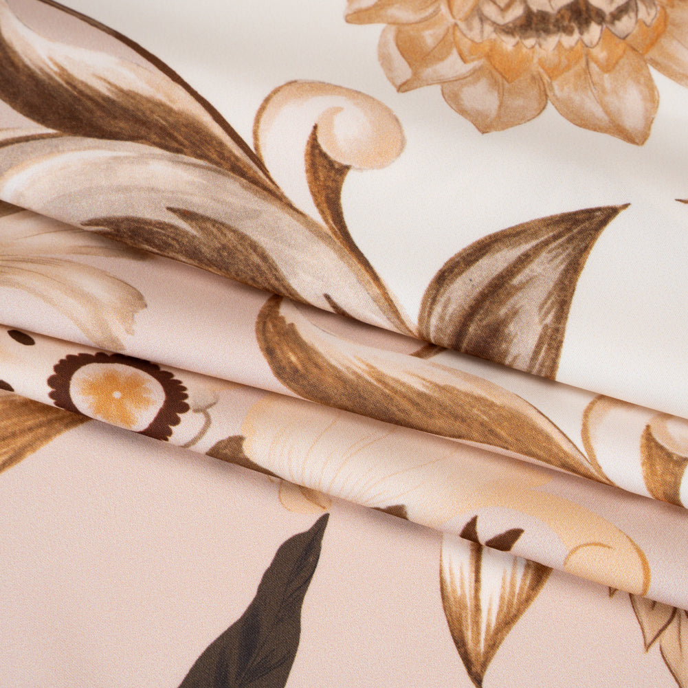 Polyester Satin - White, Beige and Brown Flower Vine Stripes - Mood Exclusive Fleur de Rocaille Print Folded