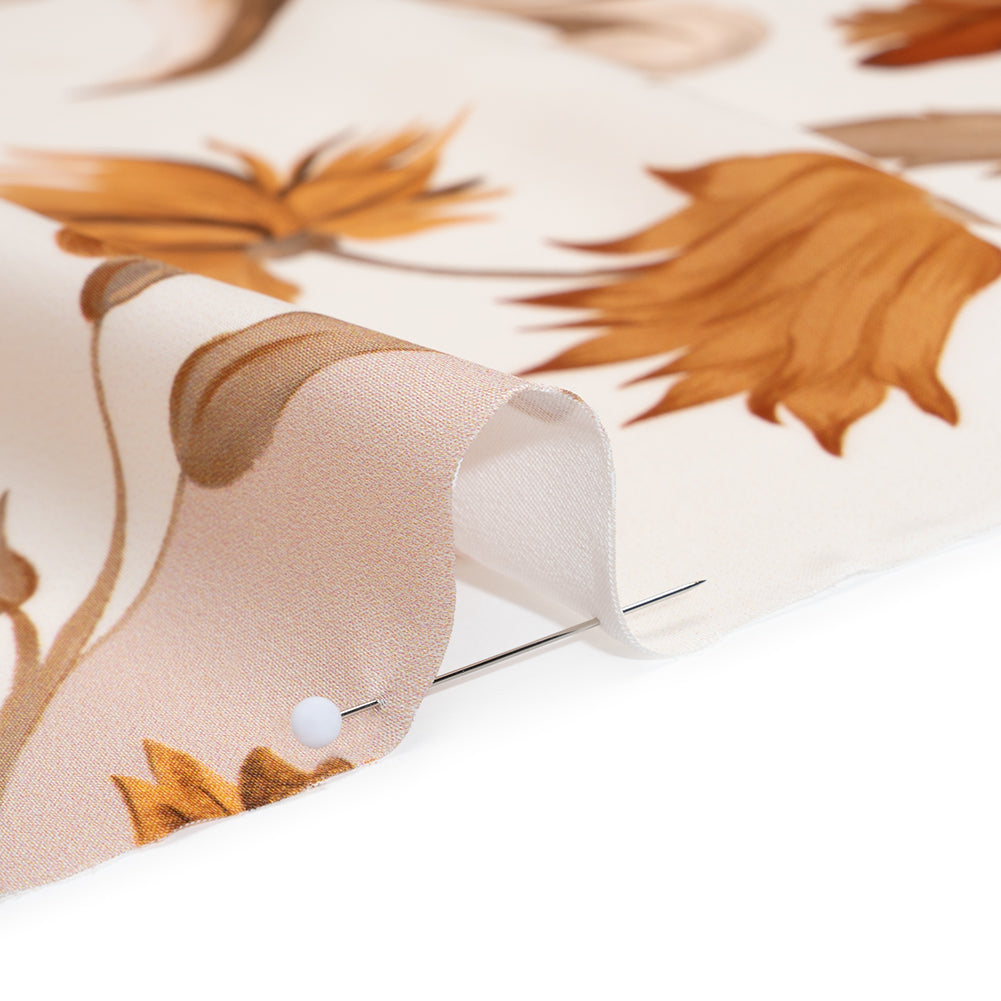 Polyester Satin - White, Beige and Brown Flower Vine Stripes - Mood Exclusive Fleur de Rocaille Print Detail