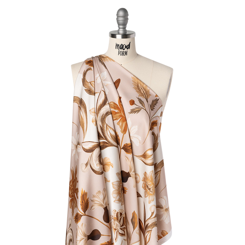 Polyester Satin - White, Beige and Brown Flower Vine Stripes - Mood Exclusive Fleur de Rocaille Print Drape