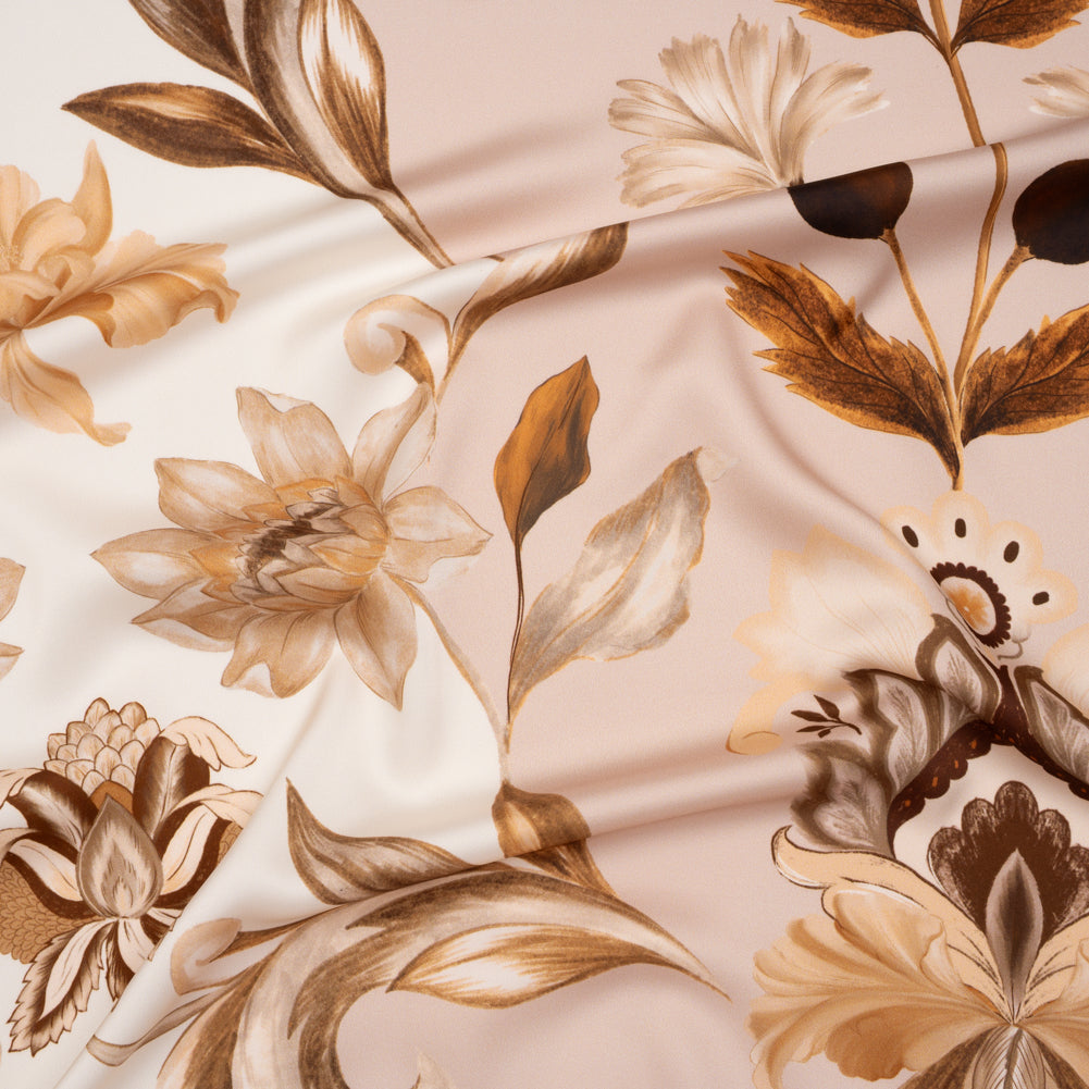 Polyester Satin - White, Beige and Brown Flower Vine Stripes - Mood Exclusive Fleur de Rocaille Print