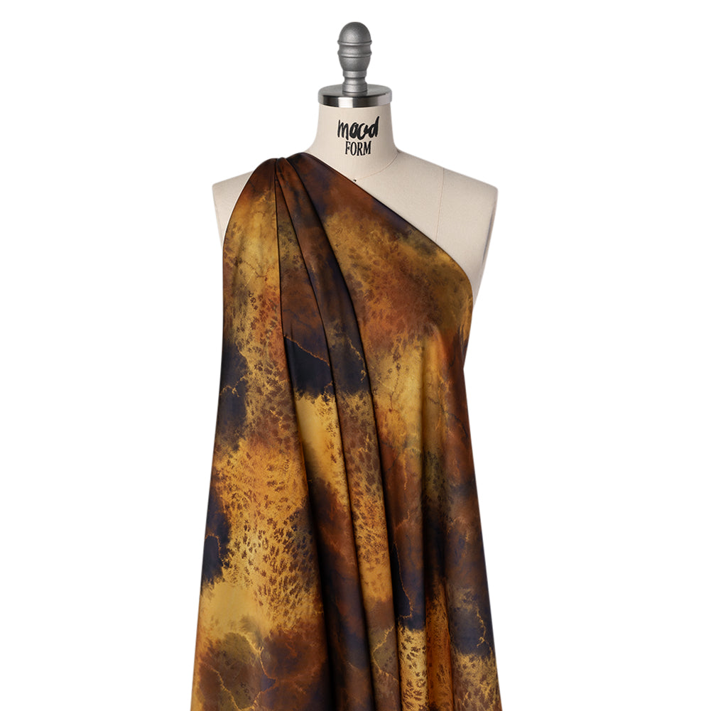 Polyester Satin - Yellow, Russet, and Black Spotted Abstract - Mood Exclusive Nebula Storm Print - Drape