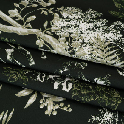 Polyester Satin - Dark Green and White Plants and Horses - Mood Exclusive Bridle and Branch Print Folded