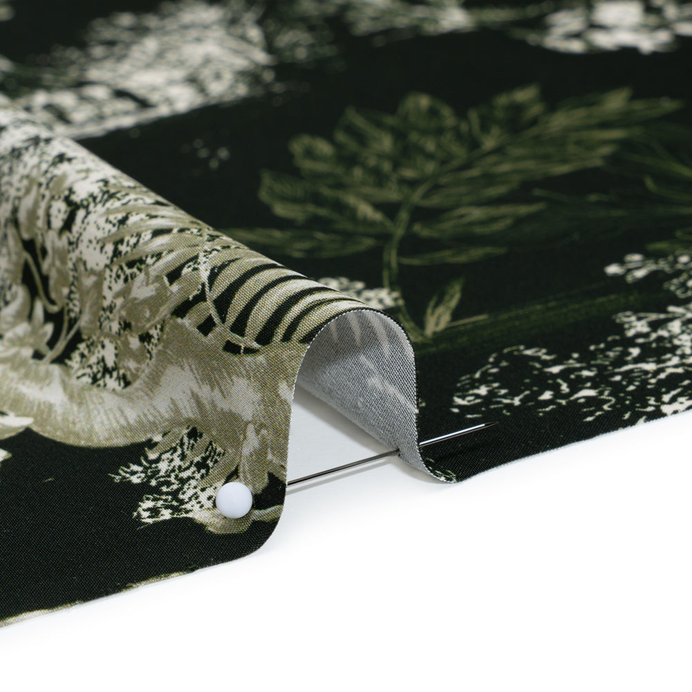 Polyester Satin - Dark Green and White Plants and Horses - Mood Exclusive Bridle and Branch Print Detail