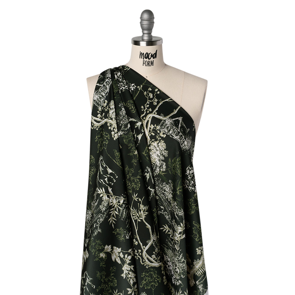 Polyester Satin - Dark Green and White Plants and Horses - Mood Exclusive Bridle and Branch Print Drape