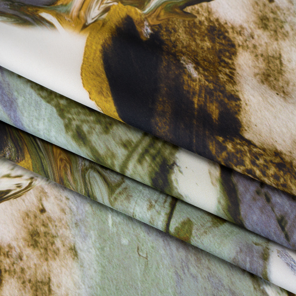 Polyester Satin - Muted Blue, Green and Yellow Ochre Earthy Swirls - Mood Exclusive Molten Moves Print Folded