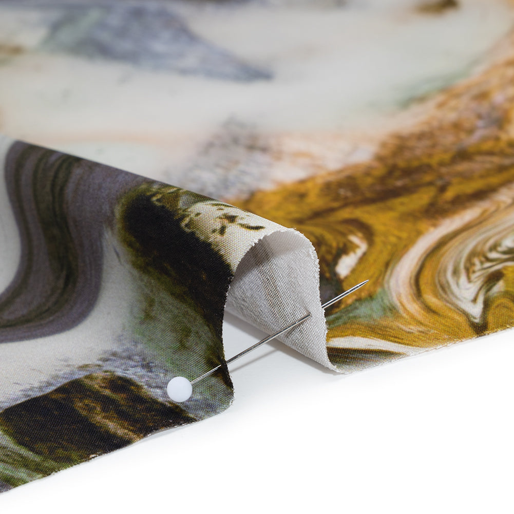 Polyester Satin - Muted Blue, Green and Yellow Ochre Earthy Swirls - Mood Exclusive Molten Moves Print Detail