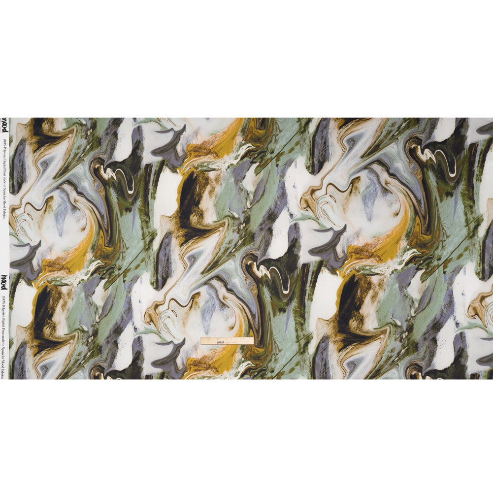Polyester Satin - Muted Blue, Green and Yellow Ochre Earthy Swirls - Mood Exclusive Molten Moves Print Full