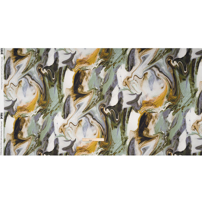 Polyester Satin - Muted Blue, Green and Yellow Ochre Earthy Swirls - Mood Exclusive Molten Moves Print Full