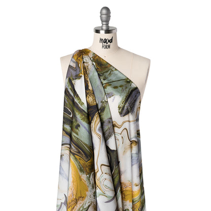 Polyester Satin - Muted Blue, Green and Yellow Ochre Earthy Swirls - Mood Exclusive Molten Moves Print Drape